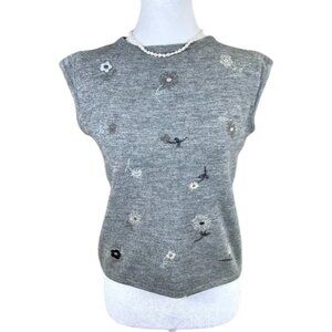 Andrea Viccaro Sweater Vest Merino Wool Gray Floral Embroidery Petite (PL)